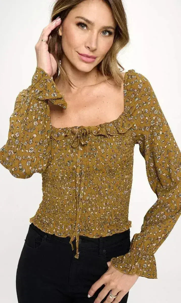 Haut floral froncé à manches longues - Blouse à col volanté Mauve et Moutarde | Femstylo