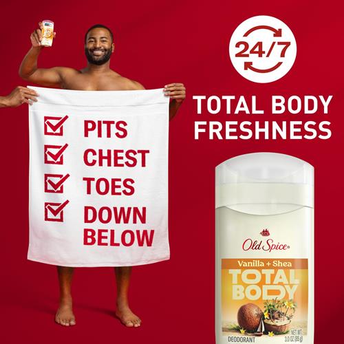 Déodorant Corps Entier en Stick Old Spice pour Hommes, Sans Aluminium, Parfum Vanille + Karité, Protection Anti-Odeurs 24h/24 et 7j/7, Fraîcheur Durable 24h/24 et 7j/7, Testé Dermatologiquement, Doux pour la Peau, Sûr à Utiliser sur Tout le Corps, 85 g