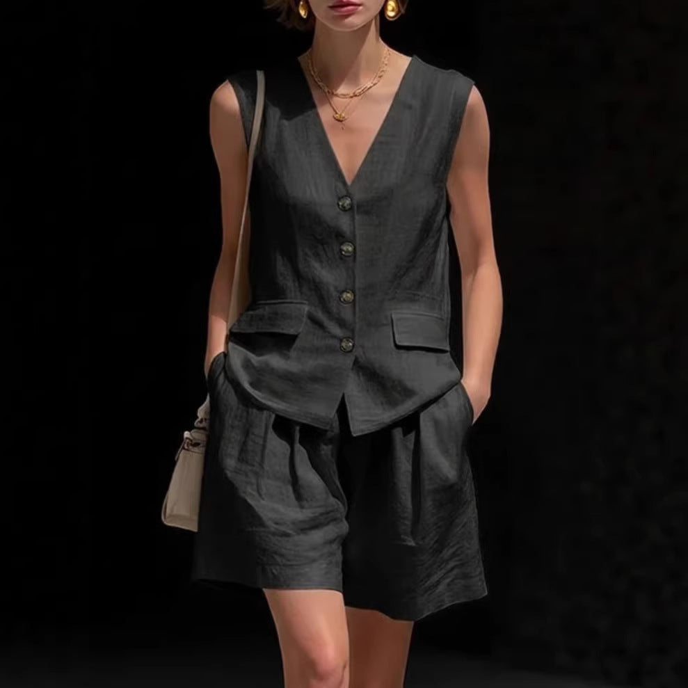 Ensemble débardeur et short en coton et lin sans manches pour femme