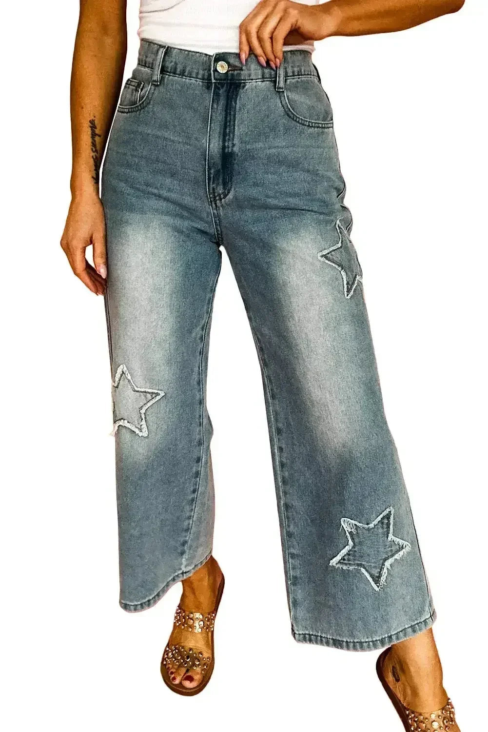 Jean taille haute large en patchwork Stone Blue Star délavé clair