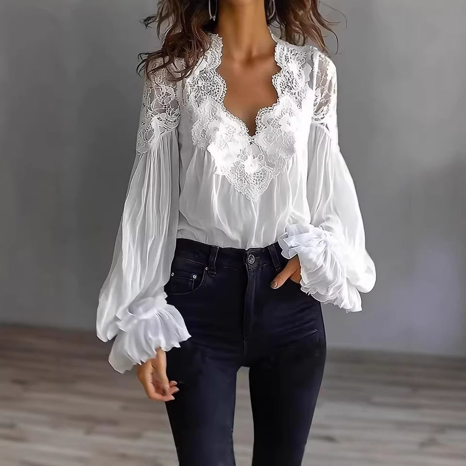 Chemisier plissé à volants et manches bouffantes avec empiècement en dentelle | Style ballerine