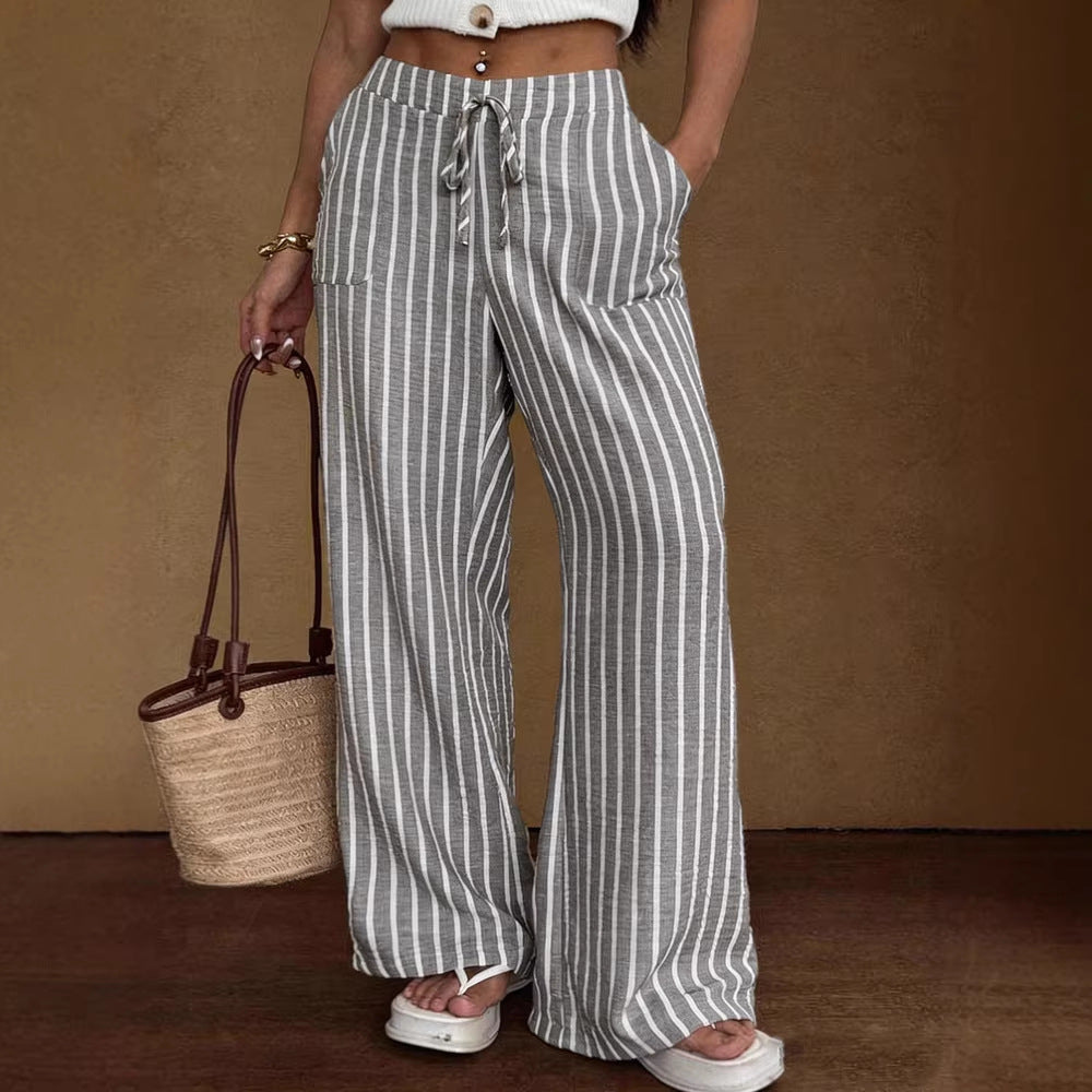 Pantalon large rayé pour femme – Taille élastique à lacets coupe ample
