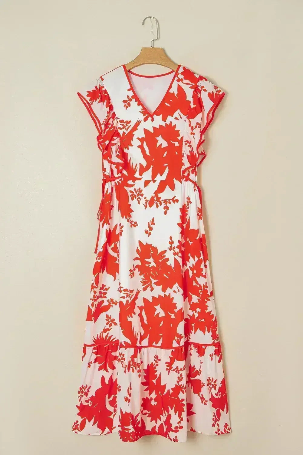 Robe longue rouge à imprimé floral, encolure en V et manches à volants