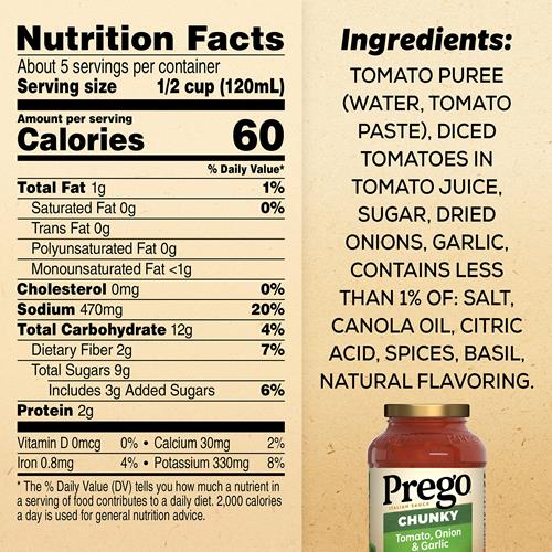 Sauce pour pâtes Prego Chunky Tomato avec ail et oignon, pot de 680 g