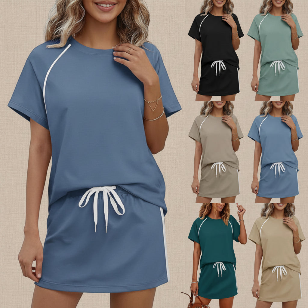 Ensemble femme top manches courtes à cordon de serrage et mini-jupe