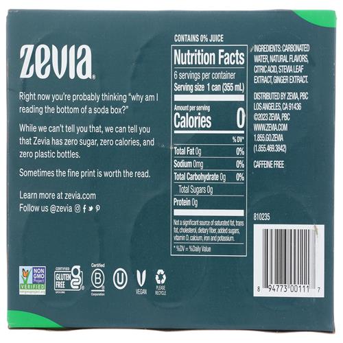 Zevia Boisson Gazeuse Diète Entièrement Naturelle - Ginger Ale - 355 ml - Paquet de 6