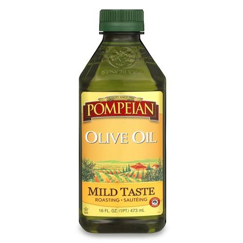 Huile d'olive Pompeian au goût doux, parfaite pour rôtir et faire sauter, naturellement sans gluten, non allergène, sans OGM, 473 ml.