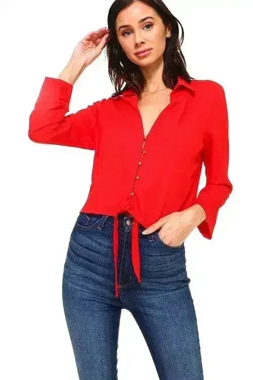 Blouse boutonnée à nouer devant unie | Femstylo