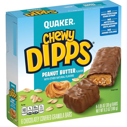 Barres tendres à la saveur de beurre d'arachide enrobées de chocolat de marque Quaker Chewy, 29,7 g, 6 un.