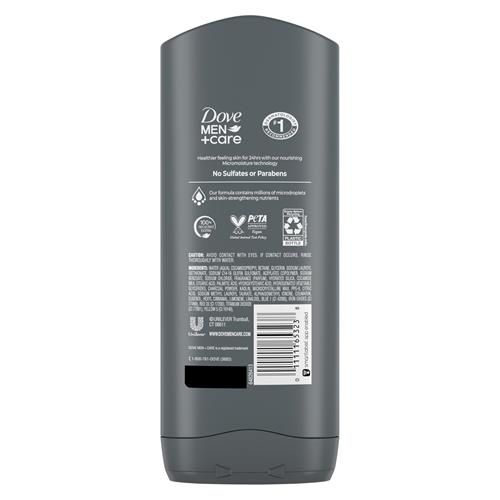 Gel douche Dove Men + Care purifiant charbon + argile pour le corps et le visage avec technologie Micromoisture nourrissante 24h pour homme, 400 ml