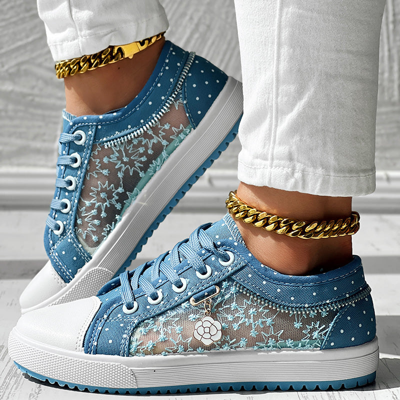 Baskets en toile décontractées à pois et broderies florales pour femme