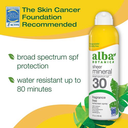 Vaporisateur écran solaire minéral transparent Alba Botanica, FPS 30, large spectre sans parfum, résistant à l'eau et biodégradable, flacon de 147 ml.