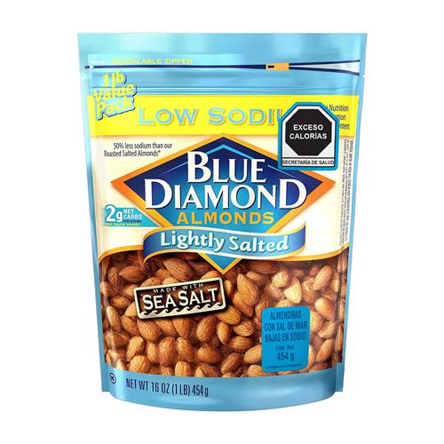 Blue Diamond Almonds Amandes, noix de collation légèrement salées à faible teneur en sodium, sac refermable de 450 g (paquet de 1)
