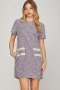 Robe en tricot de tweed à manches courtes ornée de perles, taille normale et grande taille – Robe élégante et glamour avec détails perlés pour les événements haut de gamme