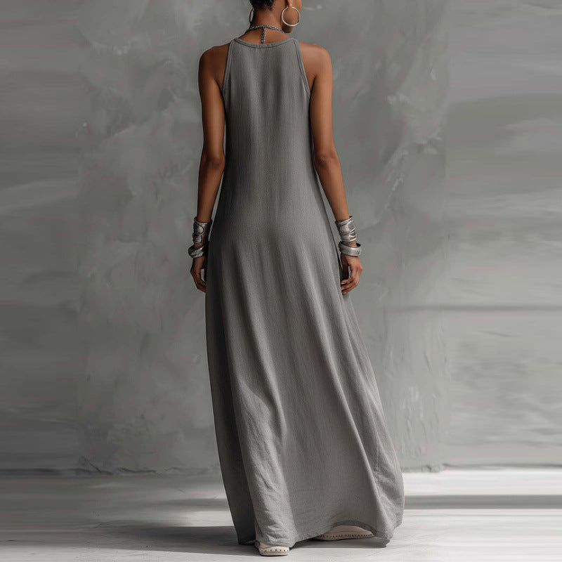 Robe longue évasée à épaules dénudées et blocs de couleurs avec poches | 5 couleurs