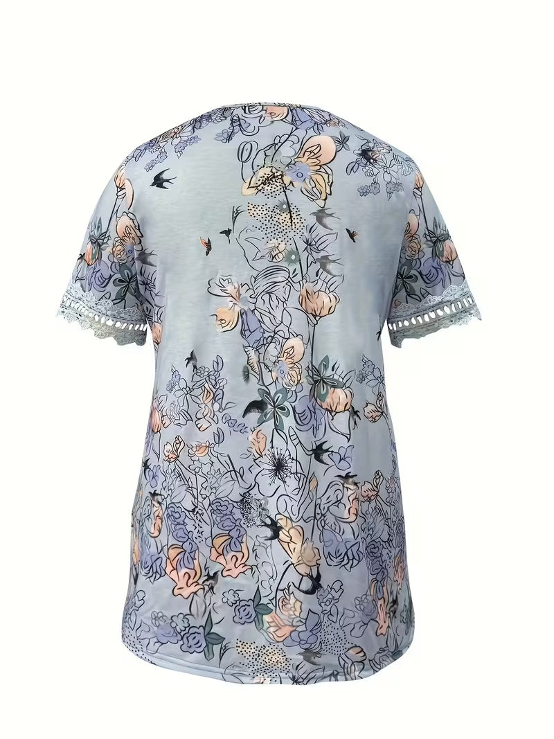 Haut grande taille à imprimé floral et dentelle – Blouse élégante à col en V et manches courtes pour femmes