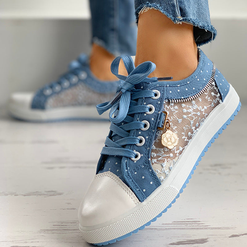 Baskets en toile décontractées à pois et broderies florales pour femme
