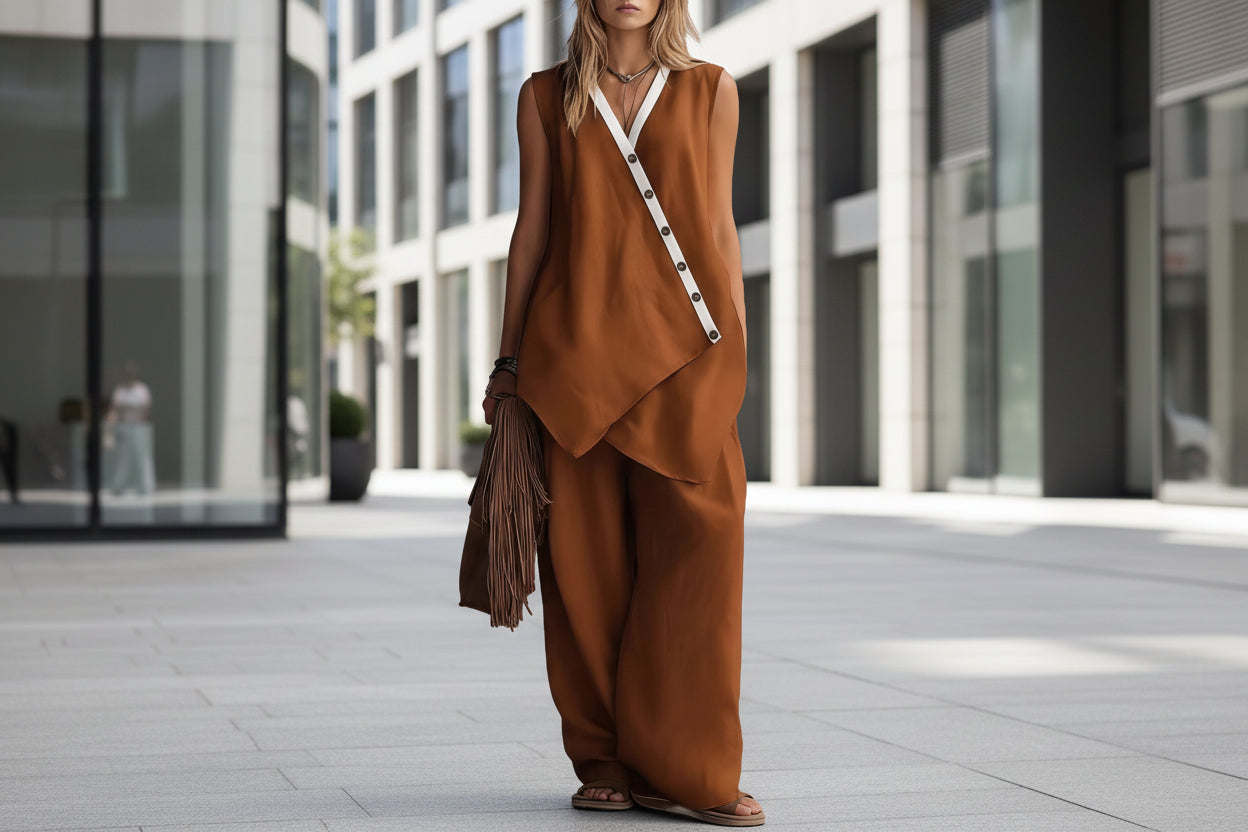 Ensemble gilet boutonnée à col en V et pantalon large de style bohème pour femme
