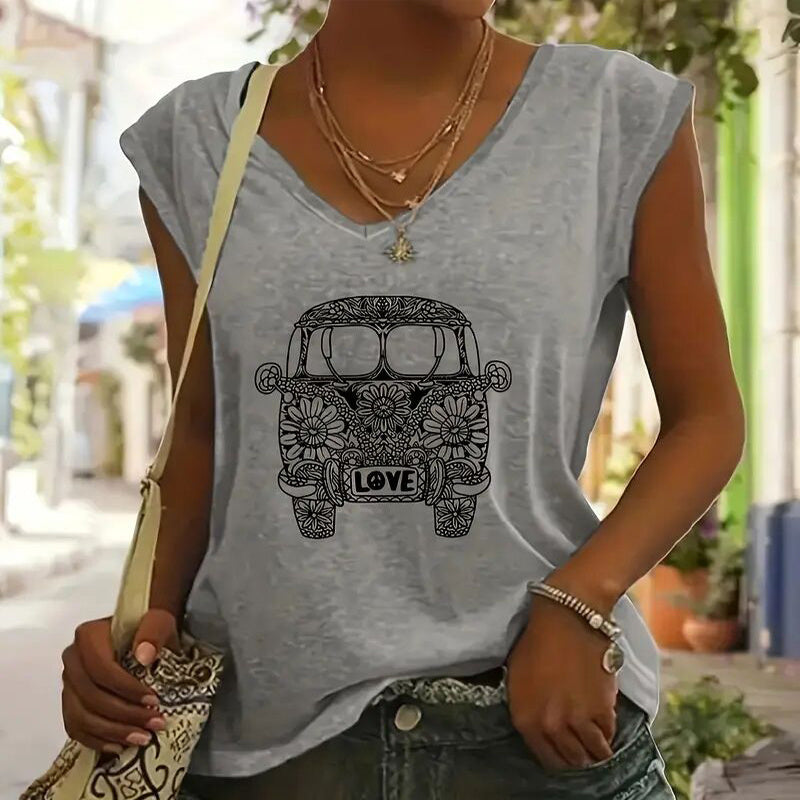 T-shirt à col en V et manches courtes pour femme