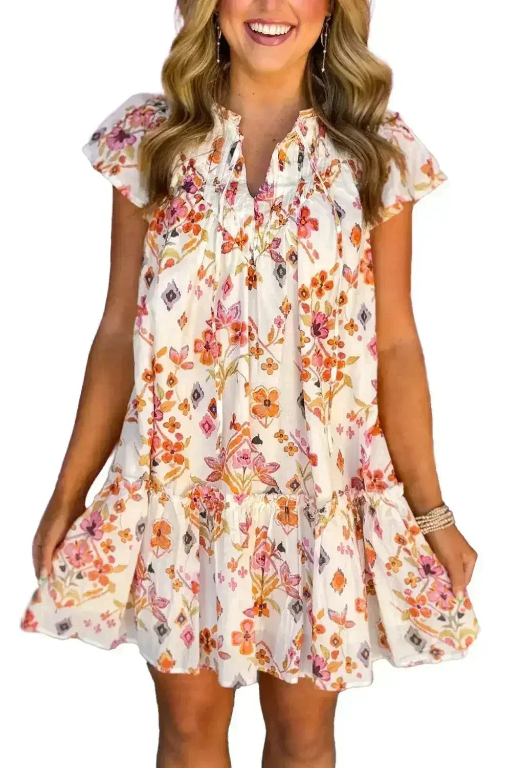 Robe mini à manches flottantes, avec imprimé floral abricot et ourlet volanté