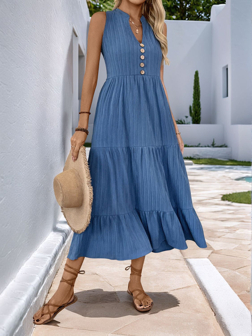 Robe longue sans manches crantée à boutons bleu poudré décorative Style élégant et féminin Pour femmes