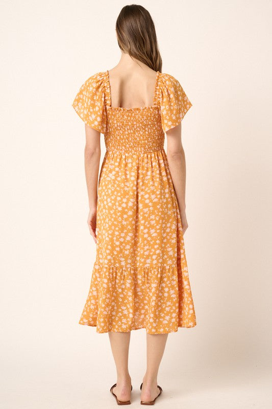 Nouvelle Robe Midi Été Fleurie à Manches Volantes Froncée pour Femme – Style Volant, Tendance, Romantique et Féminin