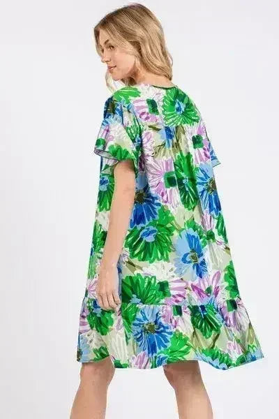 Robe Courte Fleurie à Volants et Manches Courtes pour Femme