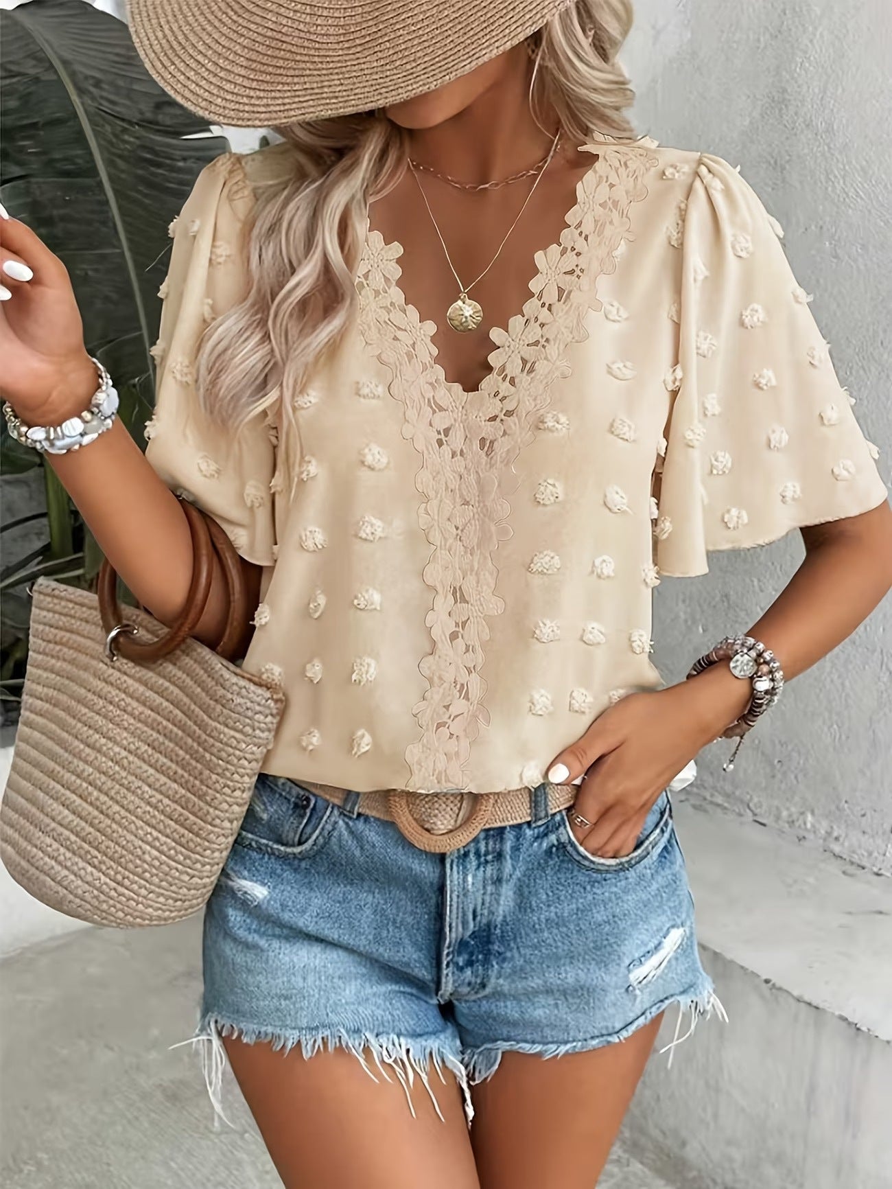 Haut à manches courtes en broderie anglaise à pois suisses et col en V pour femme – Coupe décontractée ample