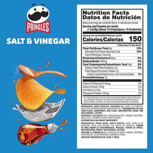 Pringles Chips de pommes de terre croustillantes, collations du midi, collations à emporter, sel et vinaigre, boîte de 156 g (1 boîte)