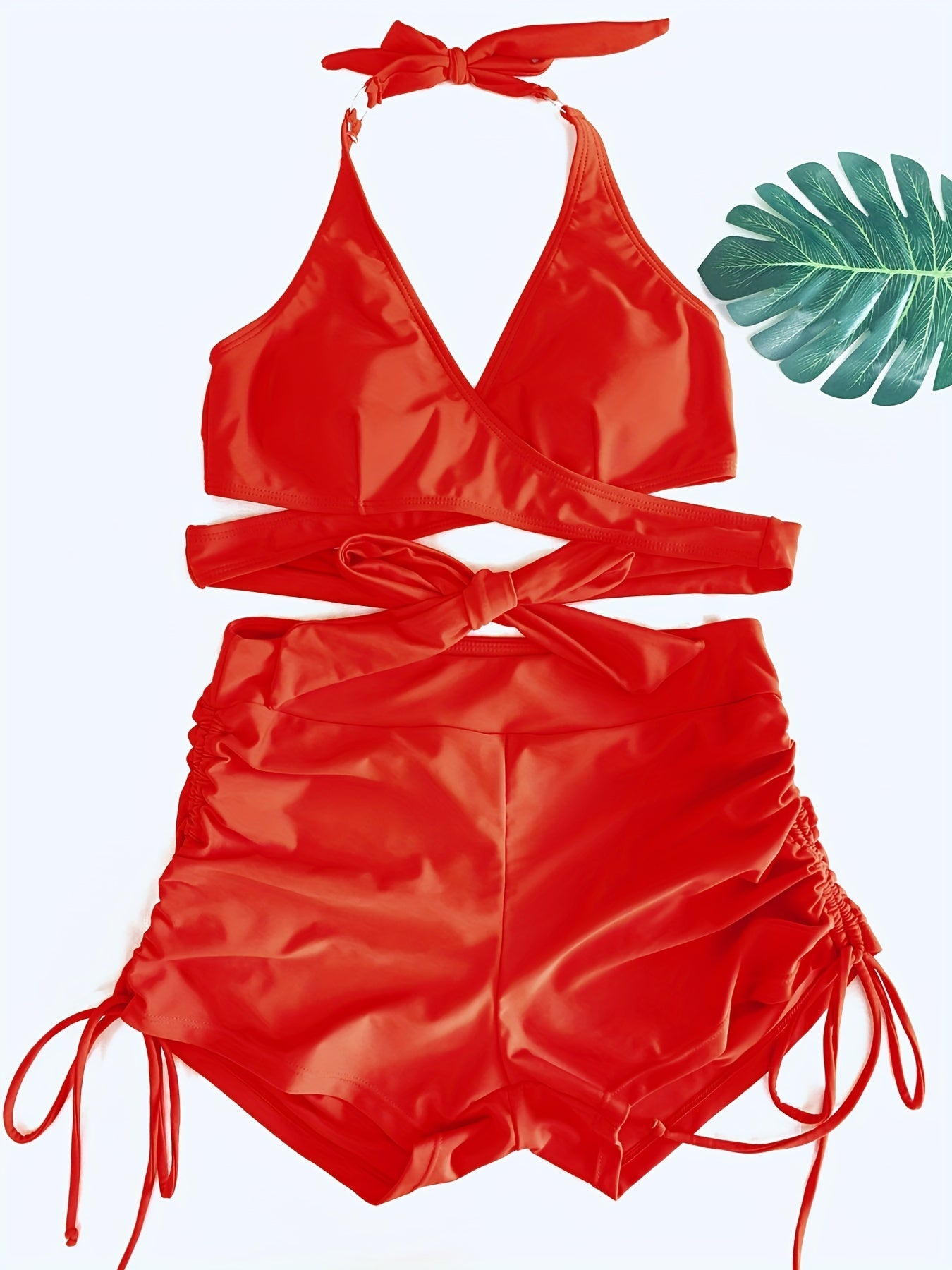 Ensemble bikini dos nu Coastal Curve pour femme – Maillot de bain dos nu à lacets avec col en V, détail anneau chic et short boxer taille haute pour l'été – Maillot de bain deux pièces élégant en nylon pour femme, style plage et piscine