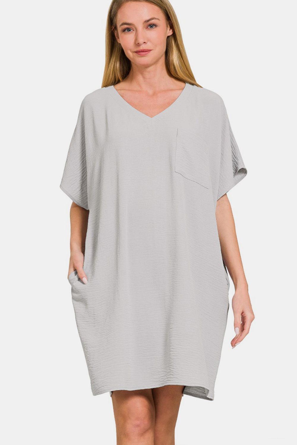 Robe T-shirt Col V à Poches Pour Femmes – Robe Col V Confortable, Robe T-shirt Chic Décontractée, Robe à Poches Pratique, Robe Col V Polyvalente, Robe Décontractée Quotidienne, Robe Coupe Ample, Robe à Poches Fonctionnelle
