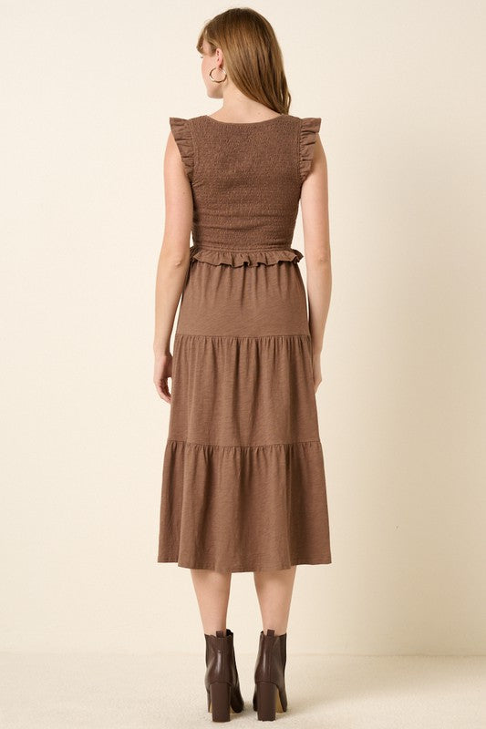 Robe midi étagée volantée smockée pour femme – Robe bohème chic féminine, romantique et élégante pour occasions spéciales