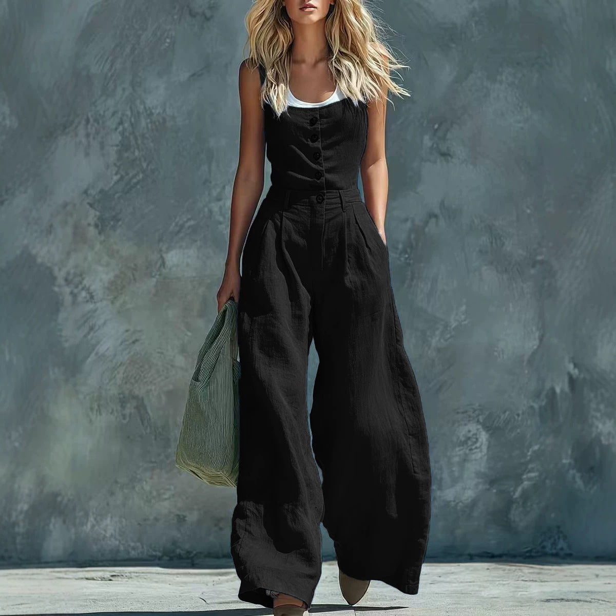 Combinaison Pantalon Large Rétro Taille Haute pour Femme – Élégante avec Boutons Style Vintage