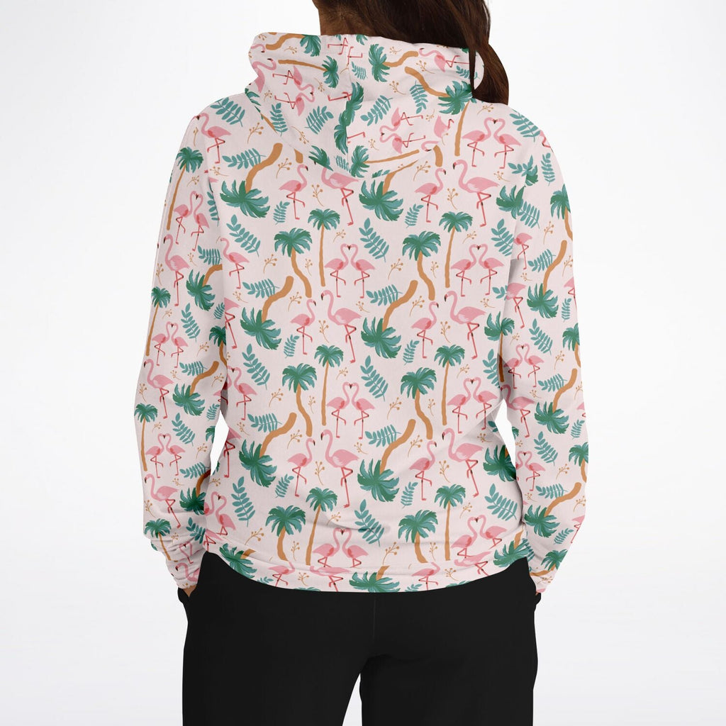 Sweat à capuche motif floral tropical flamant rose