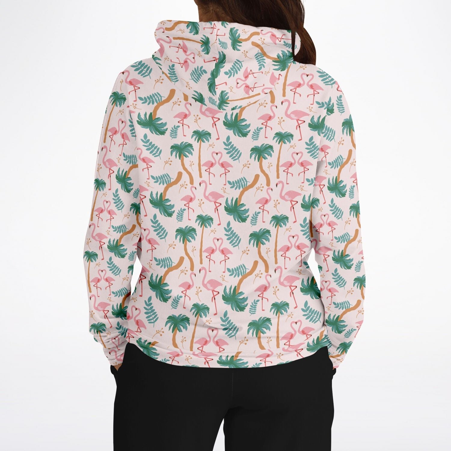 Sweat à capuche motif floral tropical flamant rose