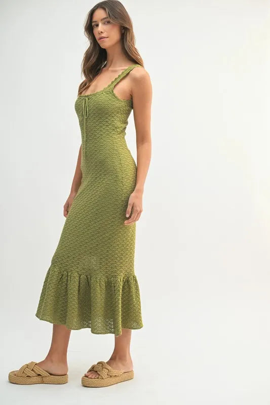 Robe Midi Femme Sans Manches En Crochet À Ourlet Volanté – Robe en Maille Crochetée, Robe à Ourlet Volanté Unique, Robe Midi Sans Manches, Robe Midi d'Été, Robe en Crochet Élégante