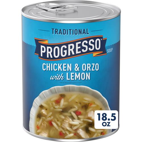 Progresso Traditional, soupe en conserve poulet et orzo au citron, 524 g.