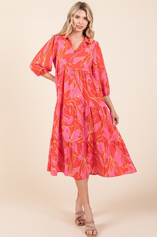 Nouvelle robe midi d'été à plusieurs niveaux, imprimée et col chemise pour femme – Une robe élégante et polyvalente au style raffiné et féminin