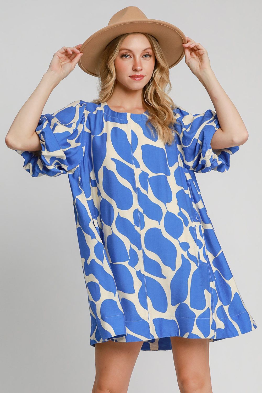 Robe d'été bouffante à imprimé abstrait bicolore bleu Tendance moderne pour femme