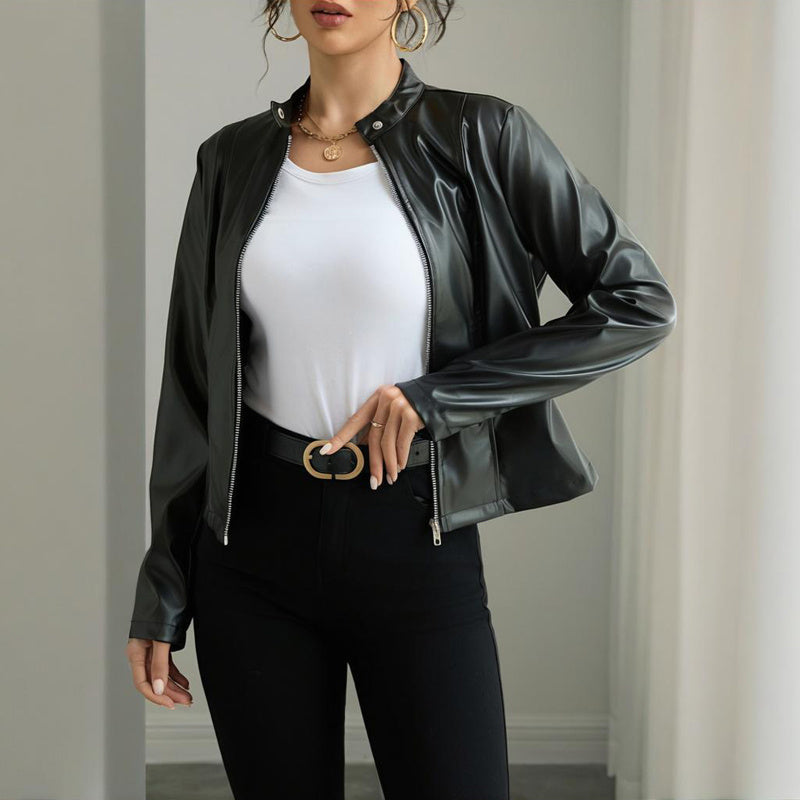 Blazer en similicuir uni à manches longues et col montant pour femme