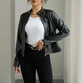 Blazer en similicuir uni à manches longues et col montant pour femme