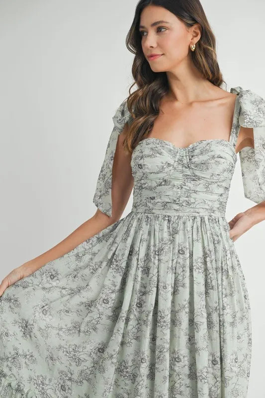 Robe midi froncée à imprimé floral et bretelles à nouer pour femme – Robe midi froncée pour l'été, Robe à imprimé floral, Robe à bretelles à nouer, Robe midi féminine, Robe chic pour événements