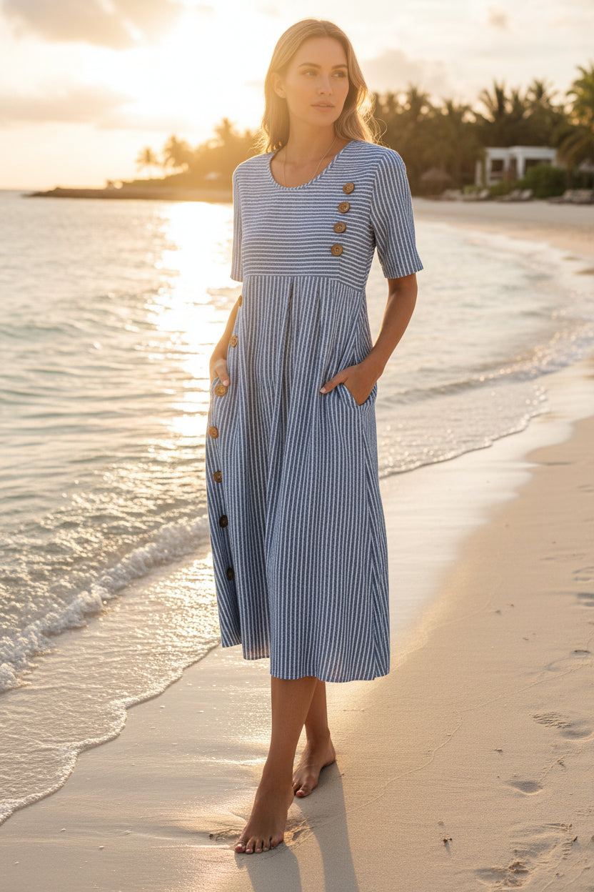 Robe longue trapèze boutonnée à manches courtes et poches