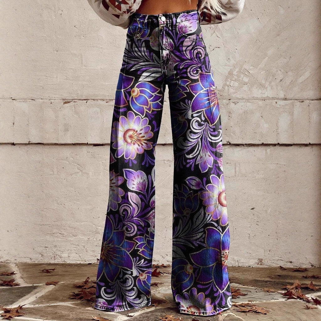 Pantalon évasé imprimé pour femmes – Taille mi-haute longueur cheville grandes tailles