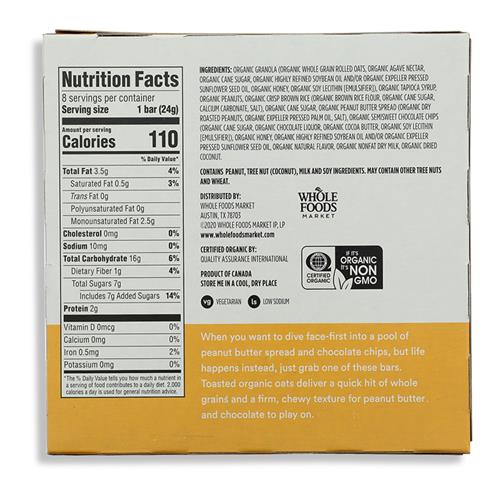 Whole Foods Market Barre granola biologique pépites de chocolat et beurre d'arachide, 8 unités