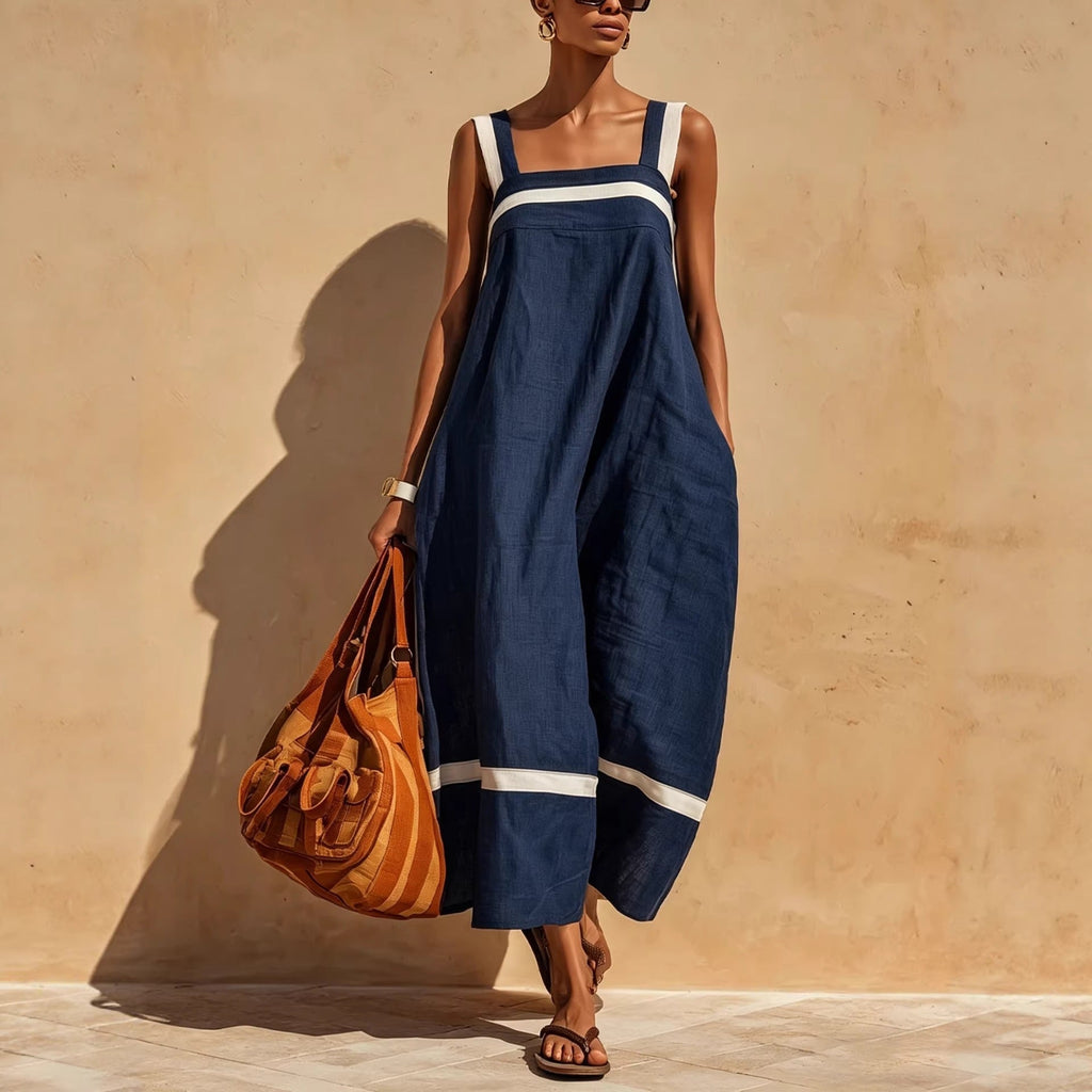 Robe midi décontractée ample en mélange de lin à bretelles contrastantes pour femme
