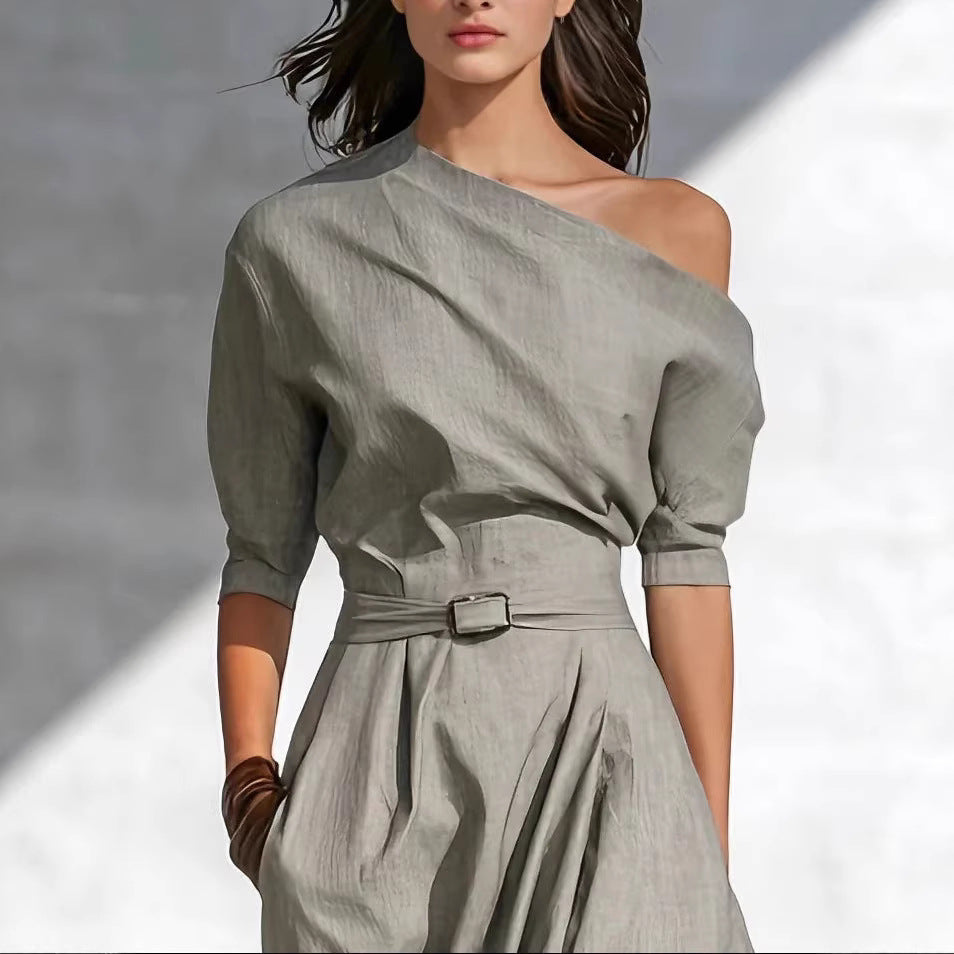 Robe longue asymétrique pour femme – Modèle à épaule unique et taille cintrée