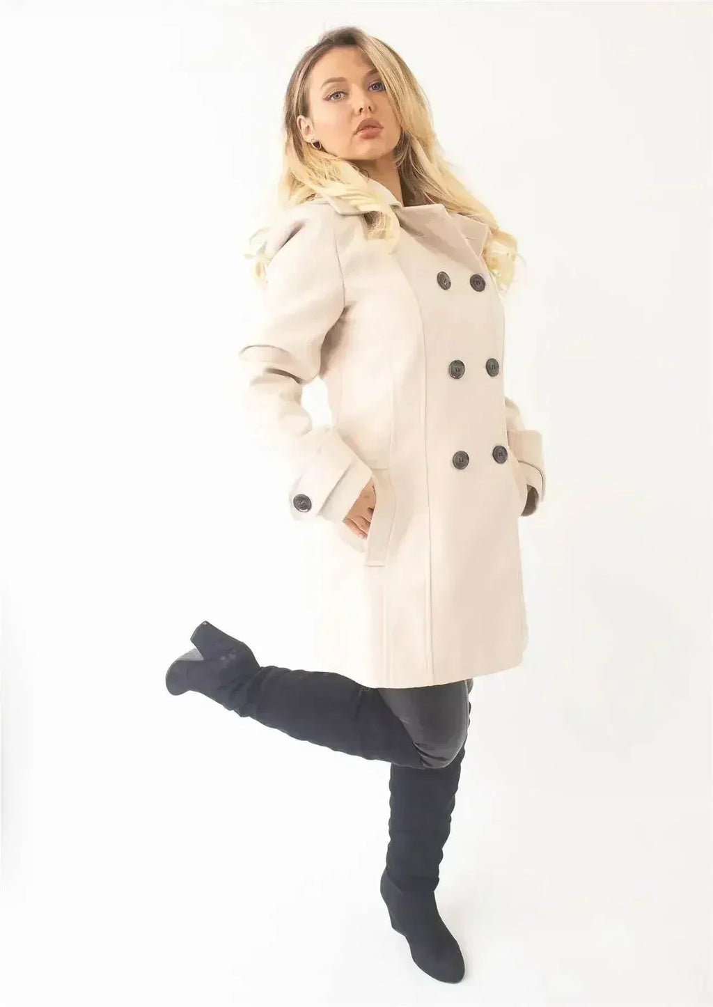 Manteau à capuche croisé double face en laine