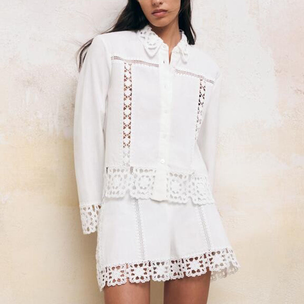 Manteau Femme Évidé Patchwork à Pompom – Veste à Col Revers Boutonnée à Manches Longues