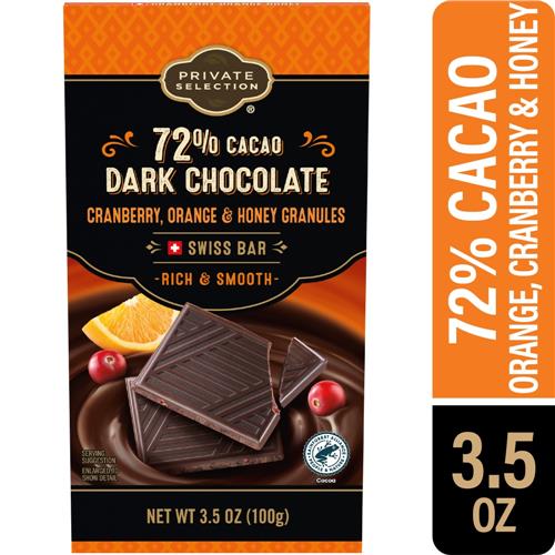 Barre de chocolat noir suisse Private Selection canneberge, orange et miel 72% cacao 100 g